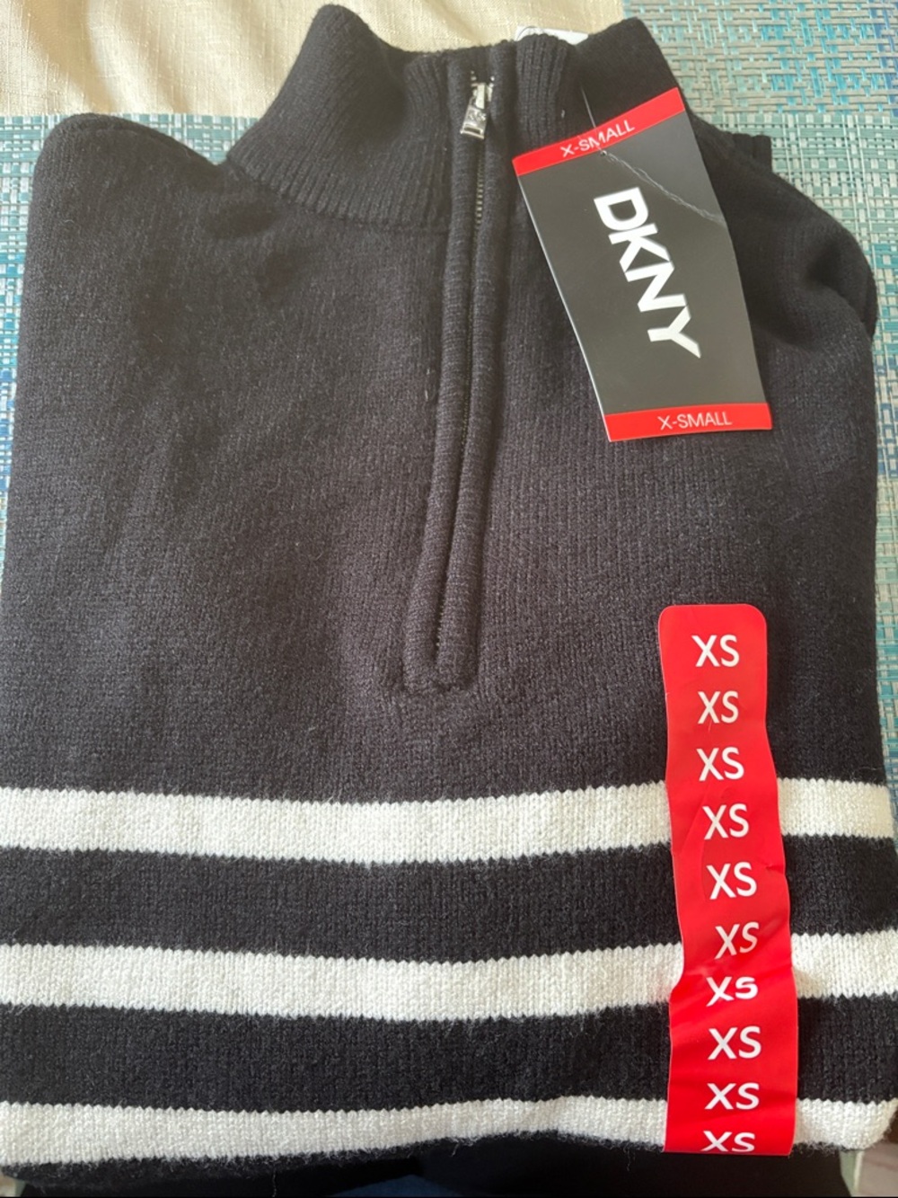 DKNY Black Half-Zip Sweater with White Stripes NWT